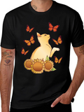 Cat & Sunflower Graphic Tee - Black