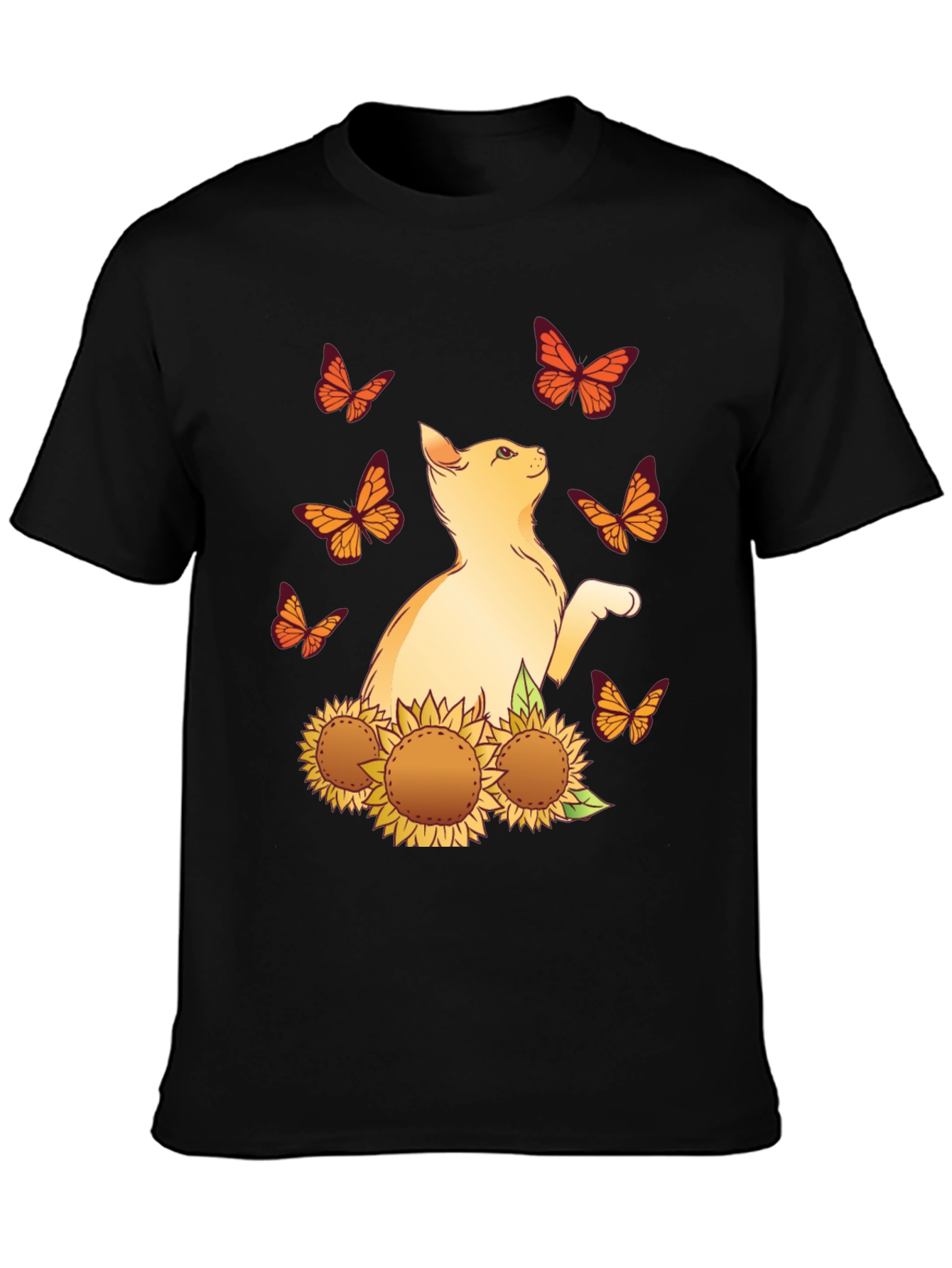 Cat & Sunflower Graphic Tee - Black