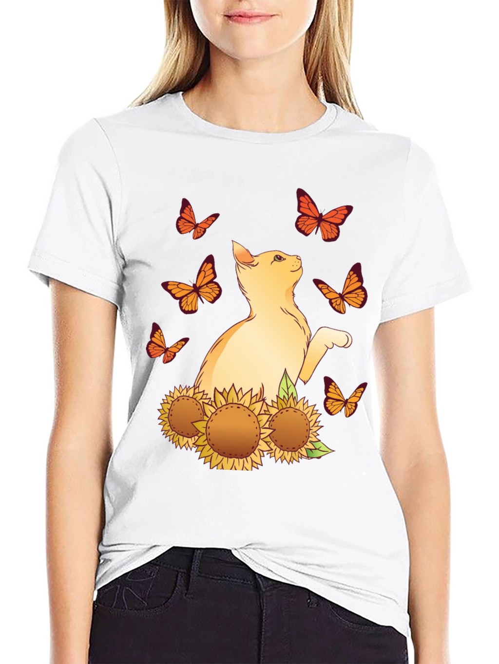Cat & Sunflower Graphic Tee - Black