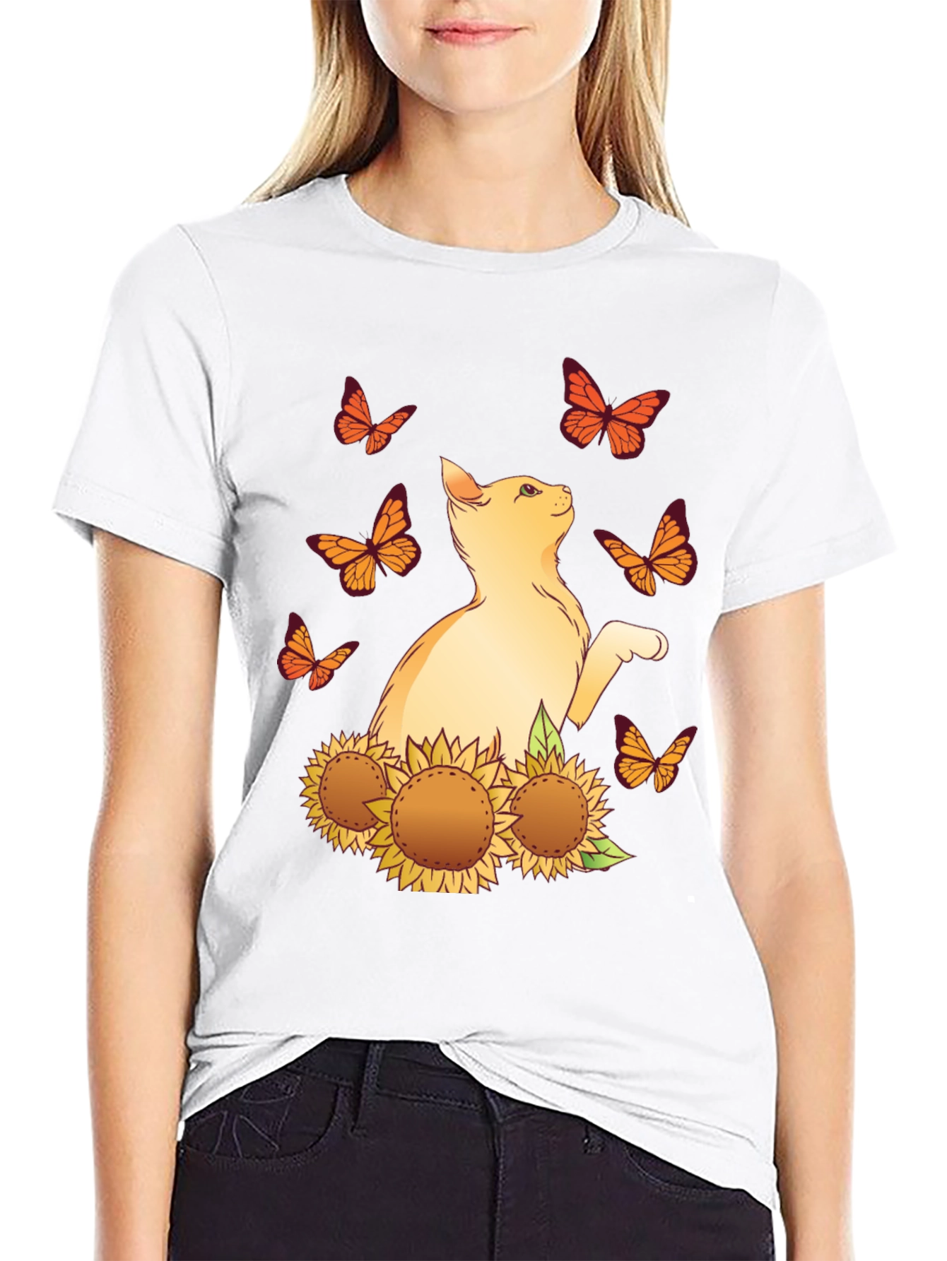 Cat & Sunflower Graphic Tee - Black