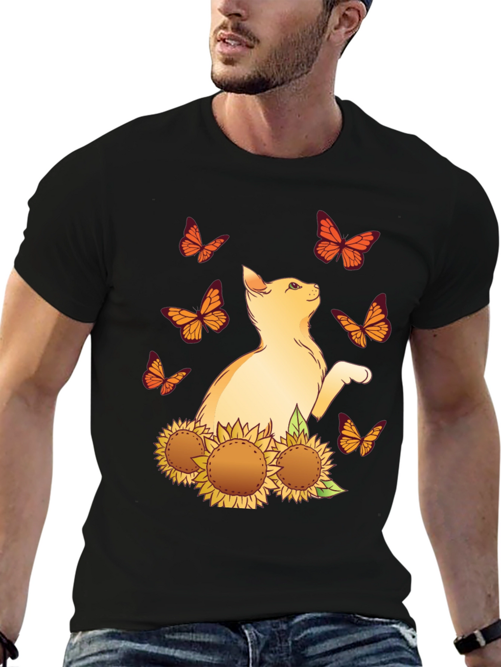 Cat & Sunflower Graphic Tee - Black