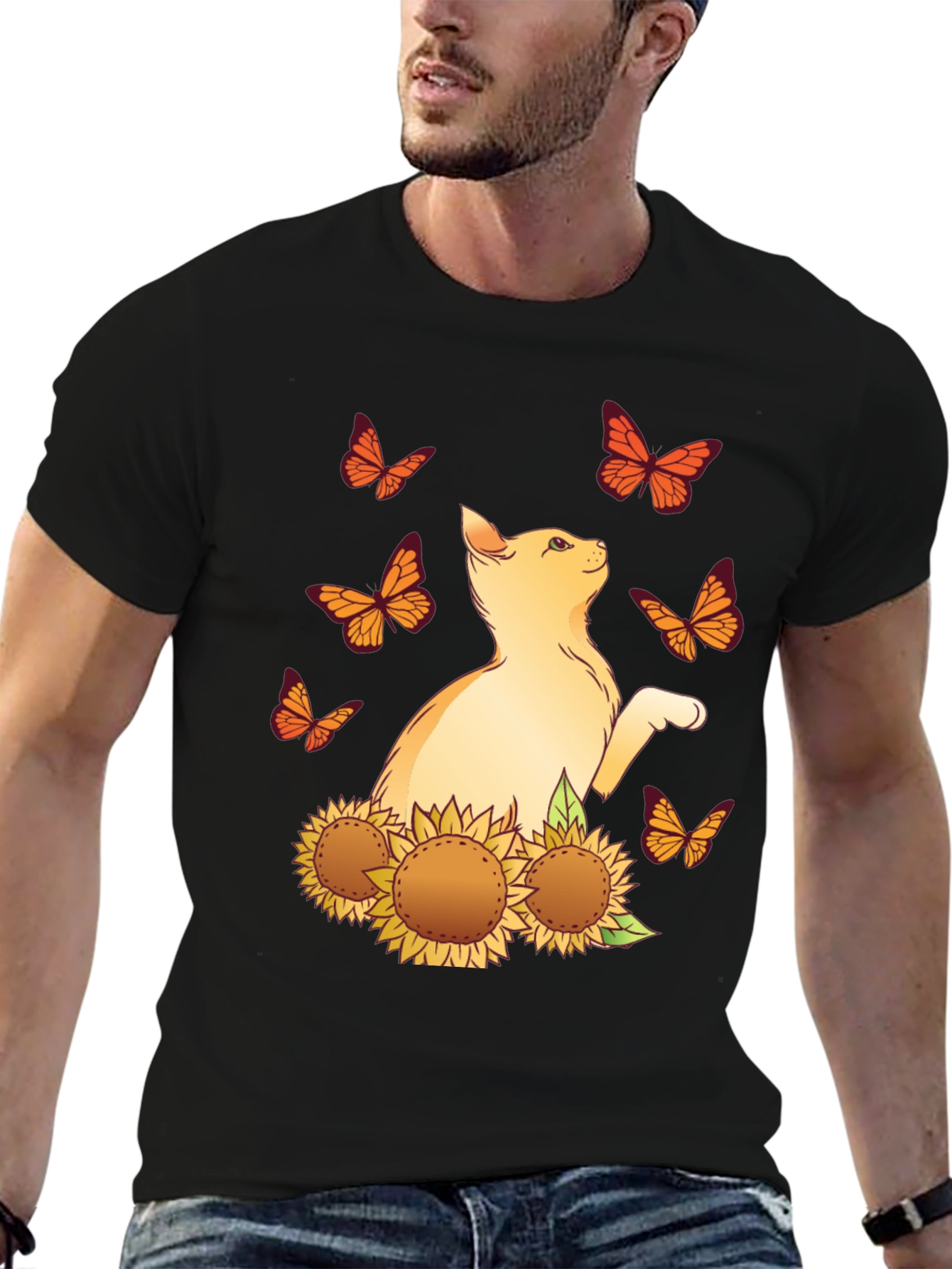 Cat & Sunflower Graphic Tee - Black