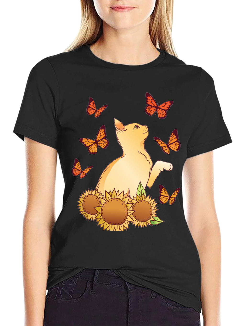 Cat & Sunflower Graphic Tee - Black