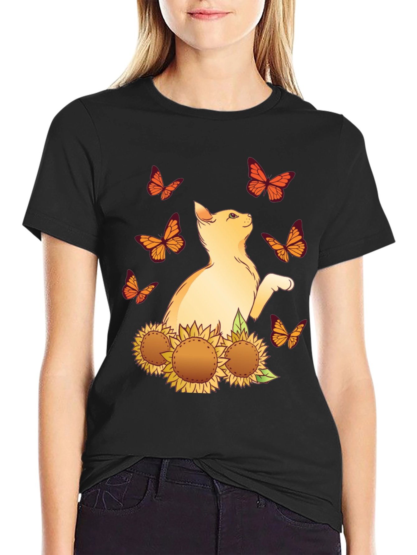 Cat & Sunflower Graphic Tee - Black