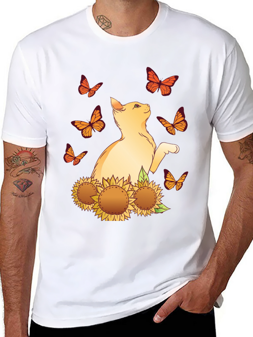 Cat & Sunflower Graphic Tee - Black