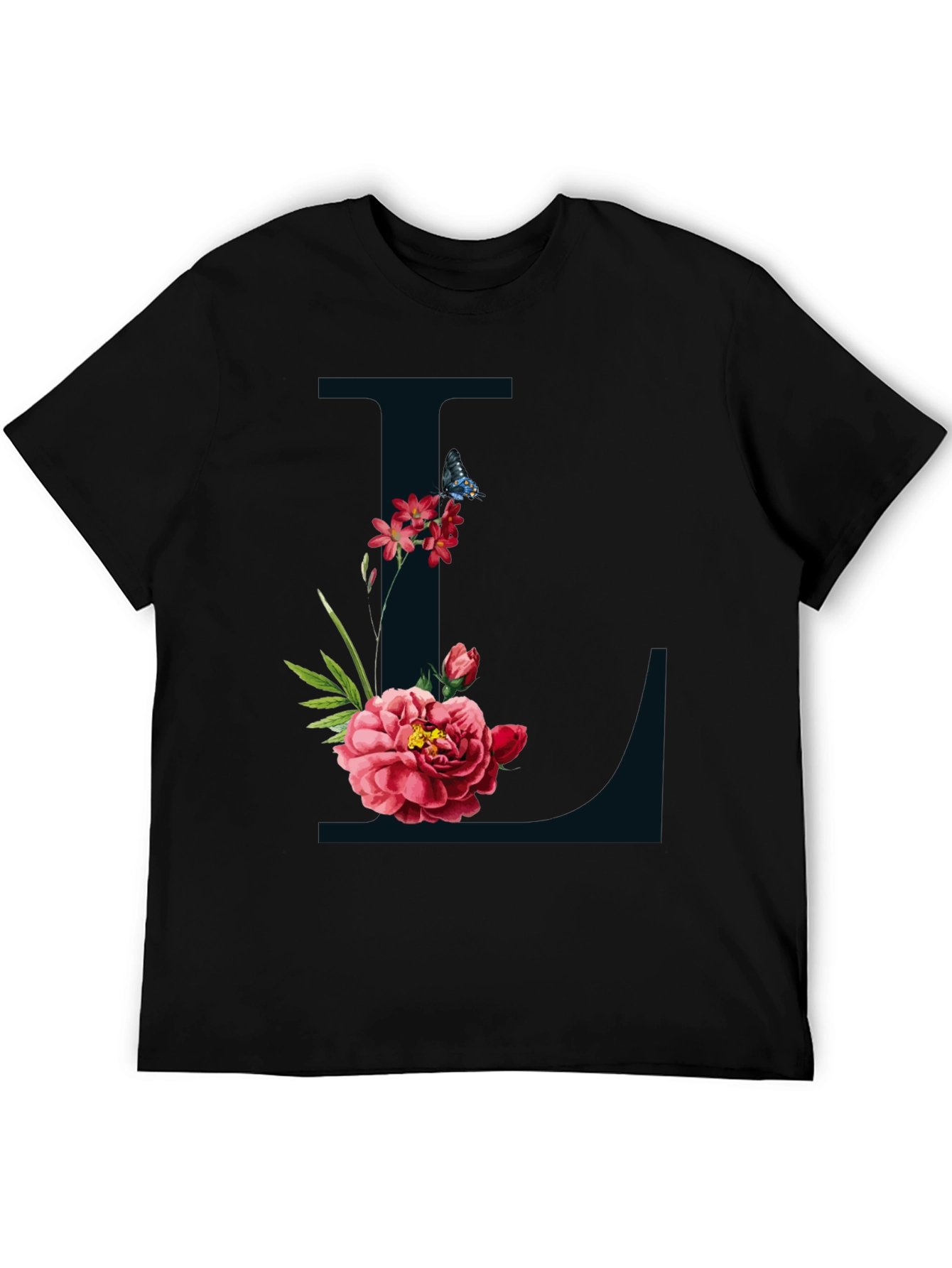 Floral Letter L Graphic Tee - Black Cotton Blend