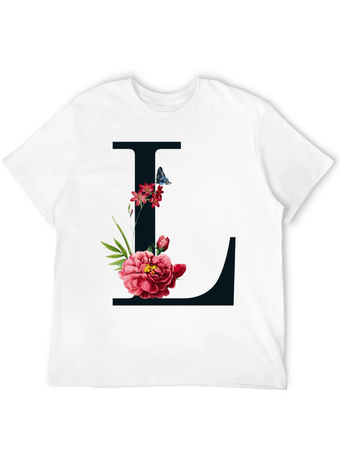 Floral Letter L Graphic Tee - Black Cotton Blend