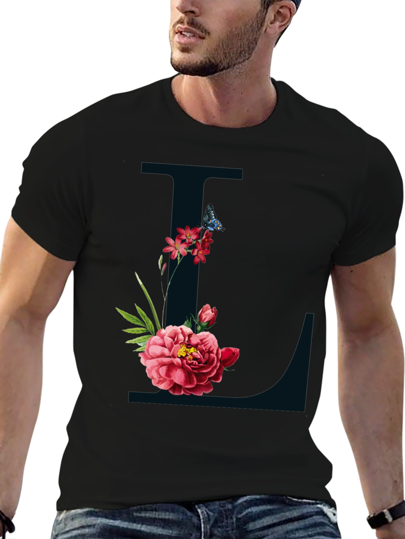Floral Letter L Graphic Tee - Black Cotton Blend