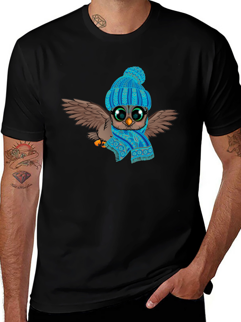 Owl in Hat & Scarf Graphic T-Shirt