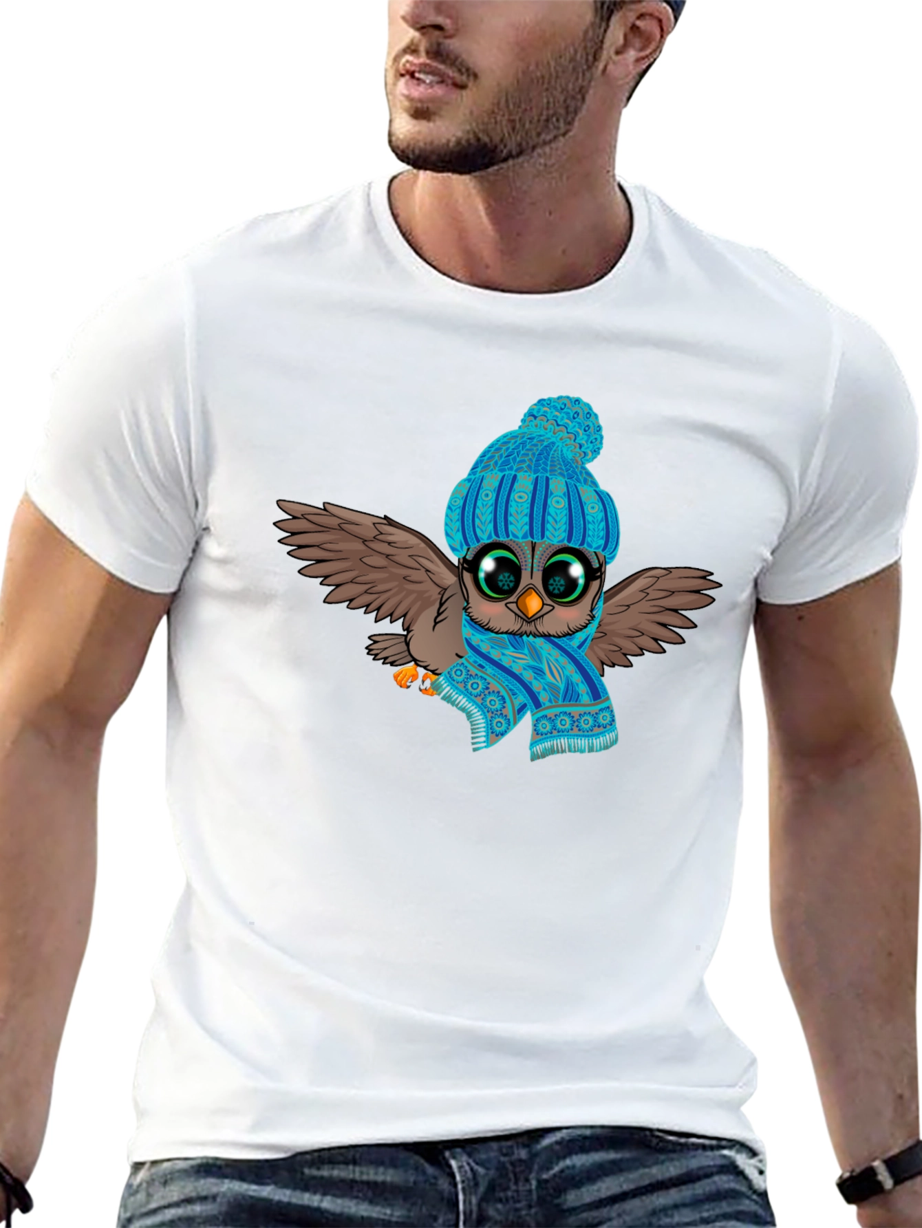 Owl in Hat & Scarf Graphic T-Shirt
