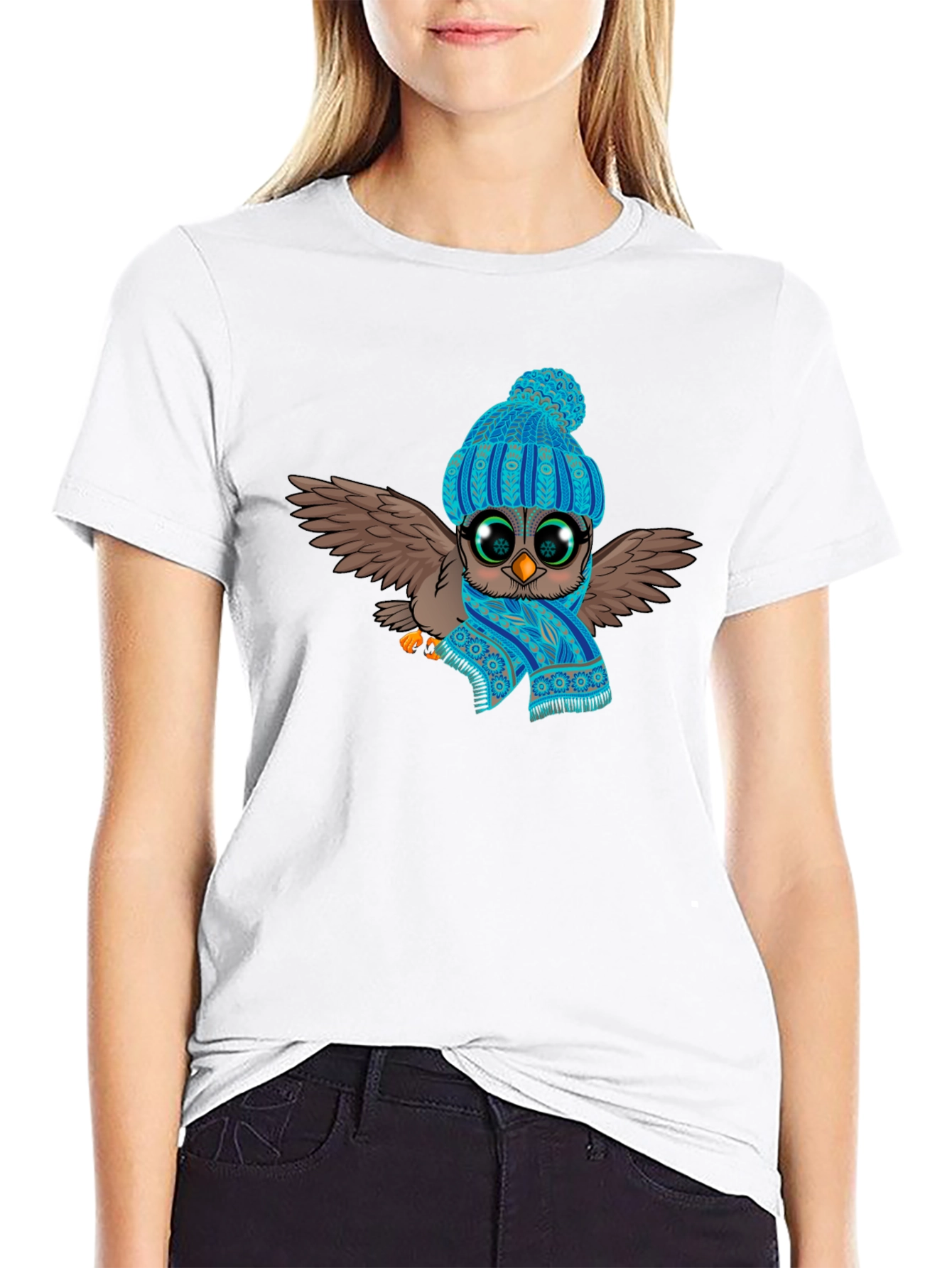 Owl in Hat & Scarf Graphic T-Shirt