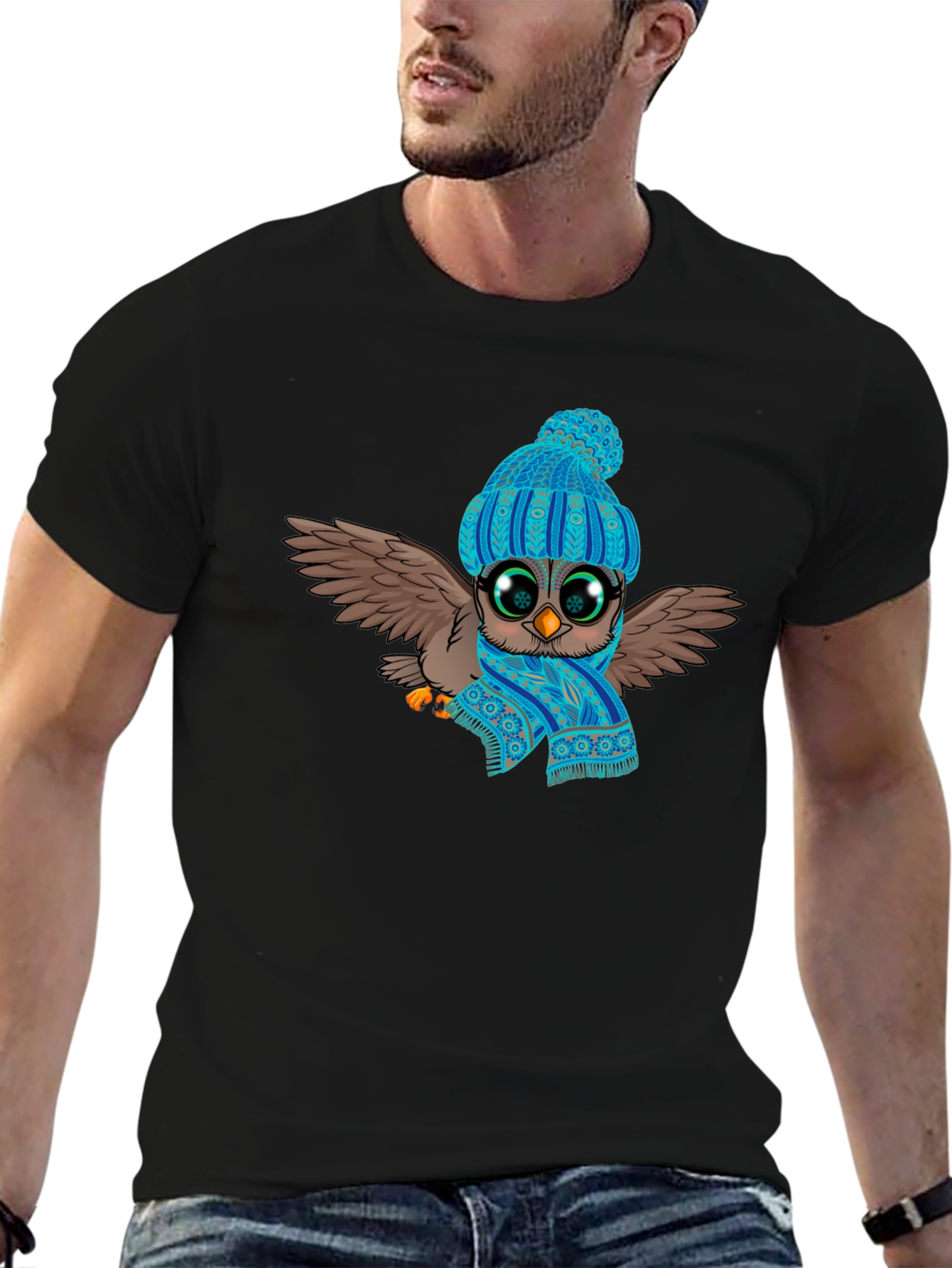 Owl in Hat & Scarf Graphic T-Shirt