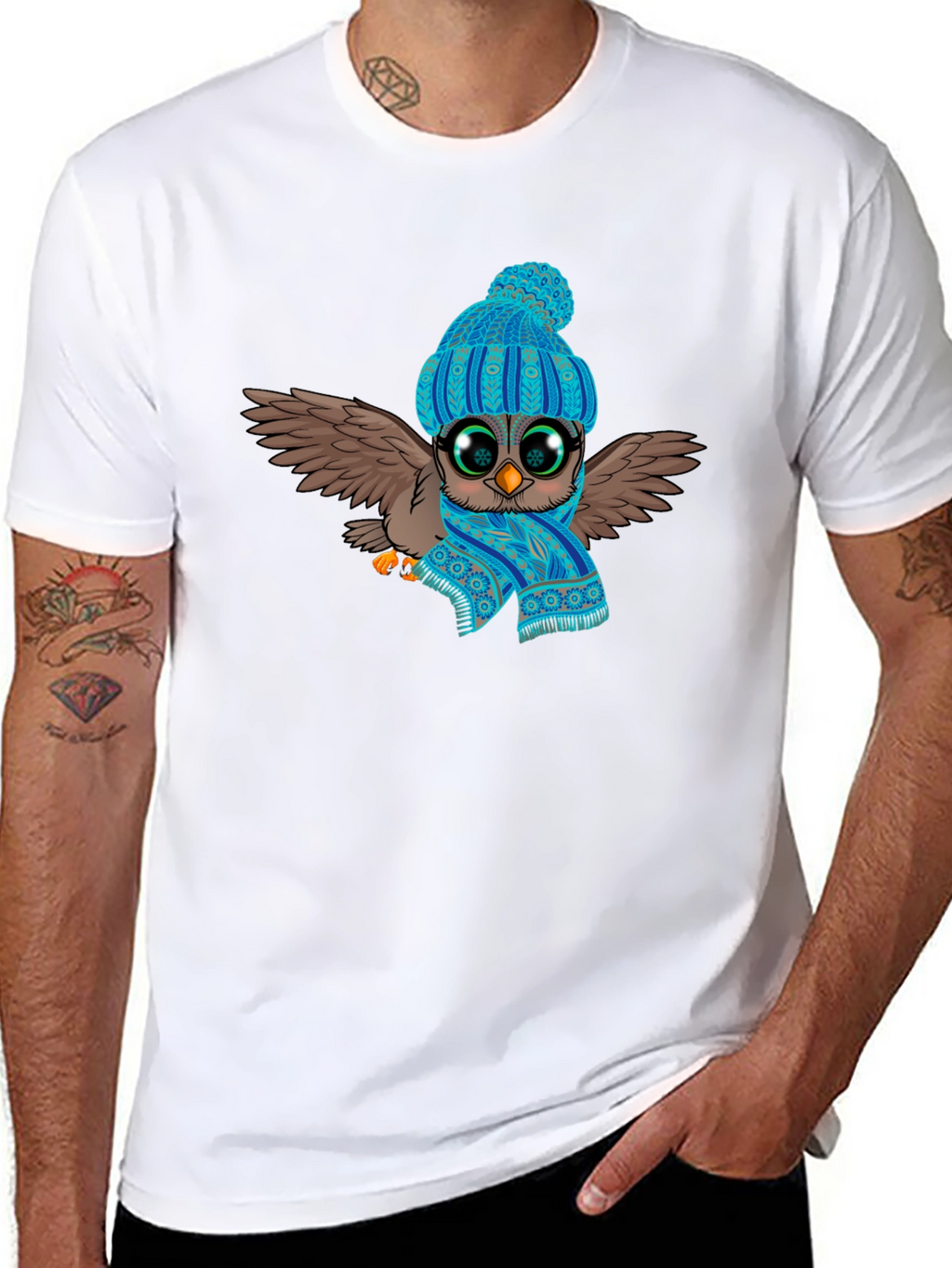 Owl in Hat & Scarf Graphic T-Shirt