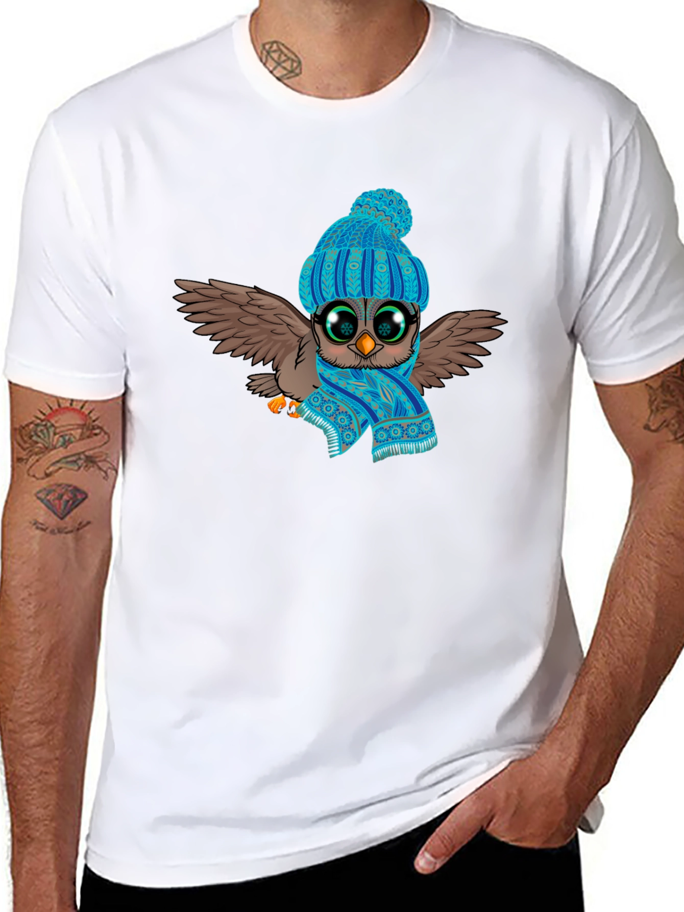 Owl in Hat & Scarf Graphic T-Shirt