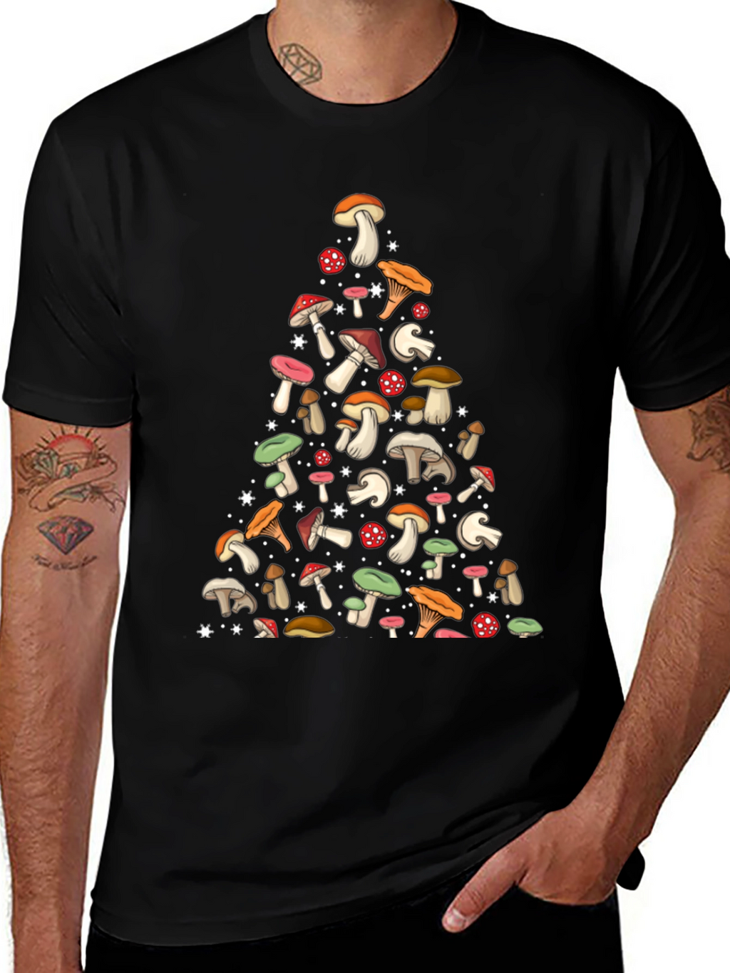 Mushroom Pattern Black T-Shirt