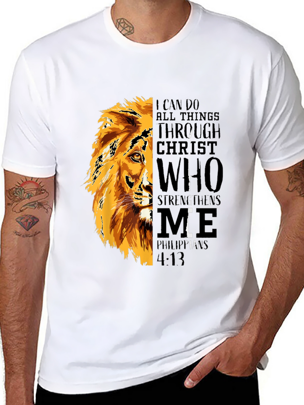 Lion Graphic Print T-Shirt - Philippians 4:13 - Black