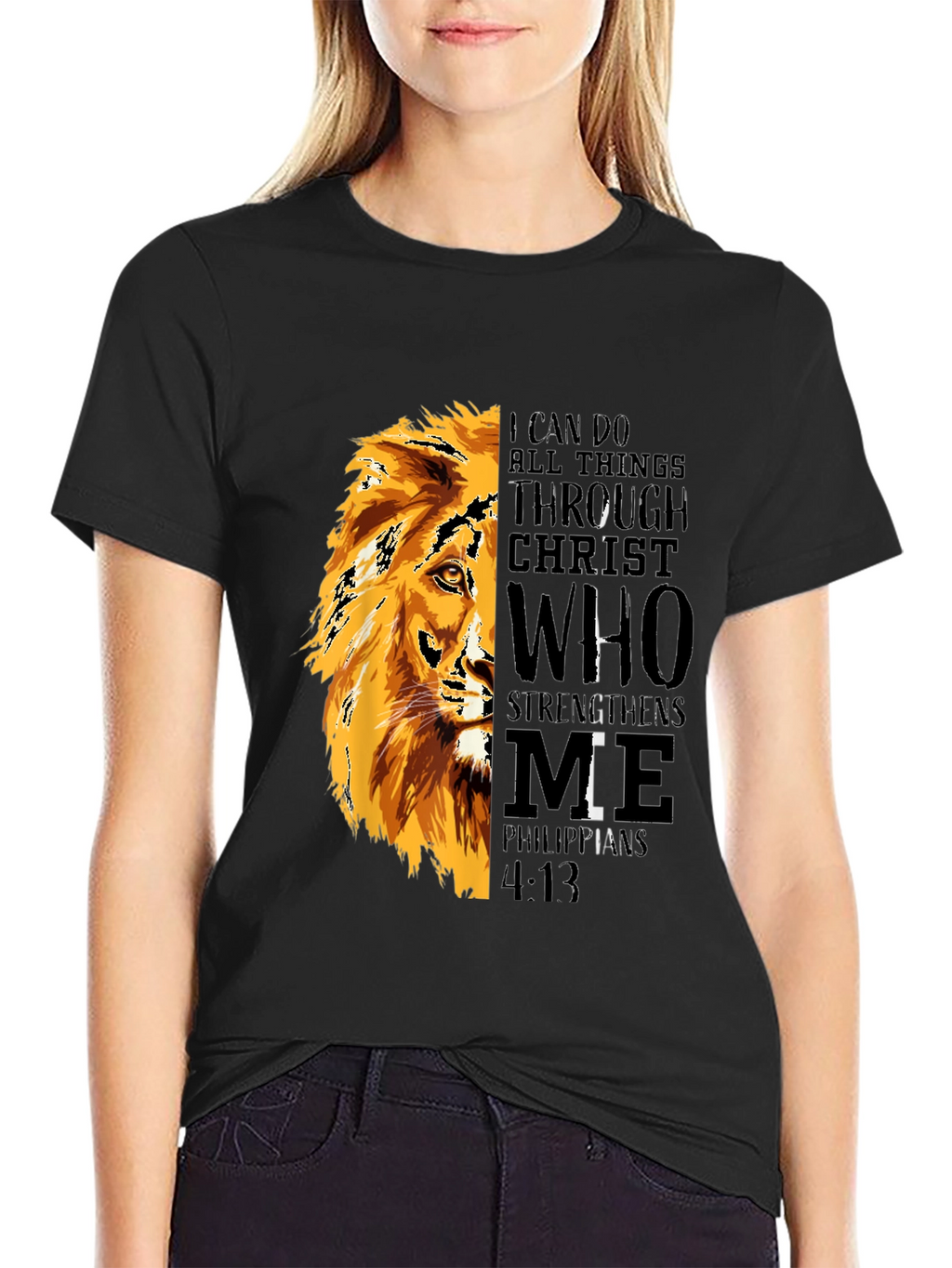 Lion Graphic Print T-Shirt - Philippians 4:13 - Black