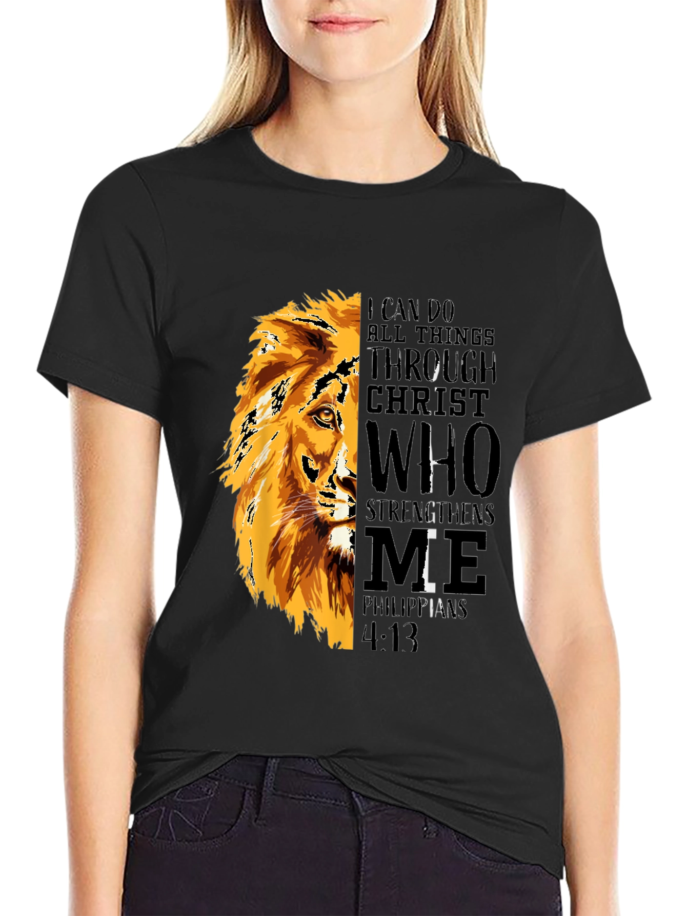 Lion Graphic Print T-Shirt - Philippians 4:13 - Black