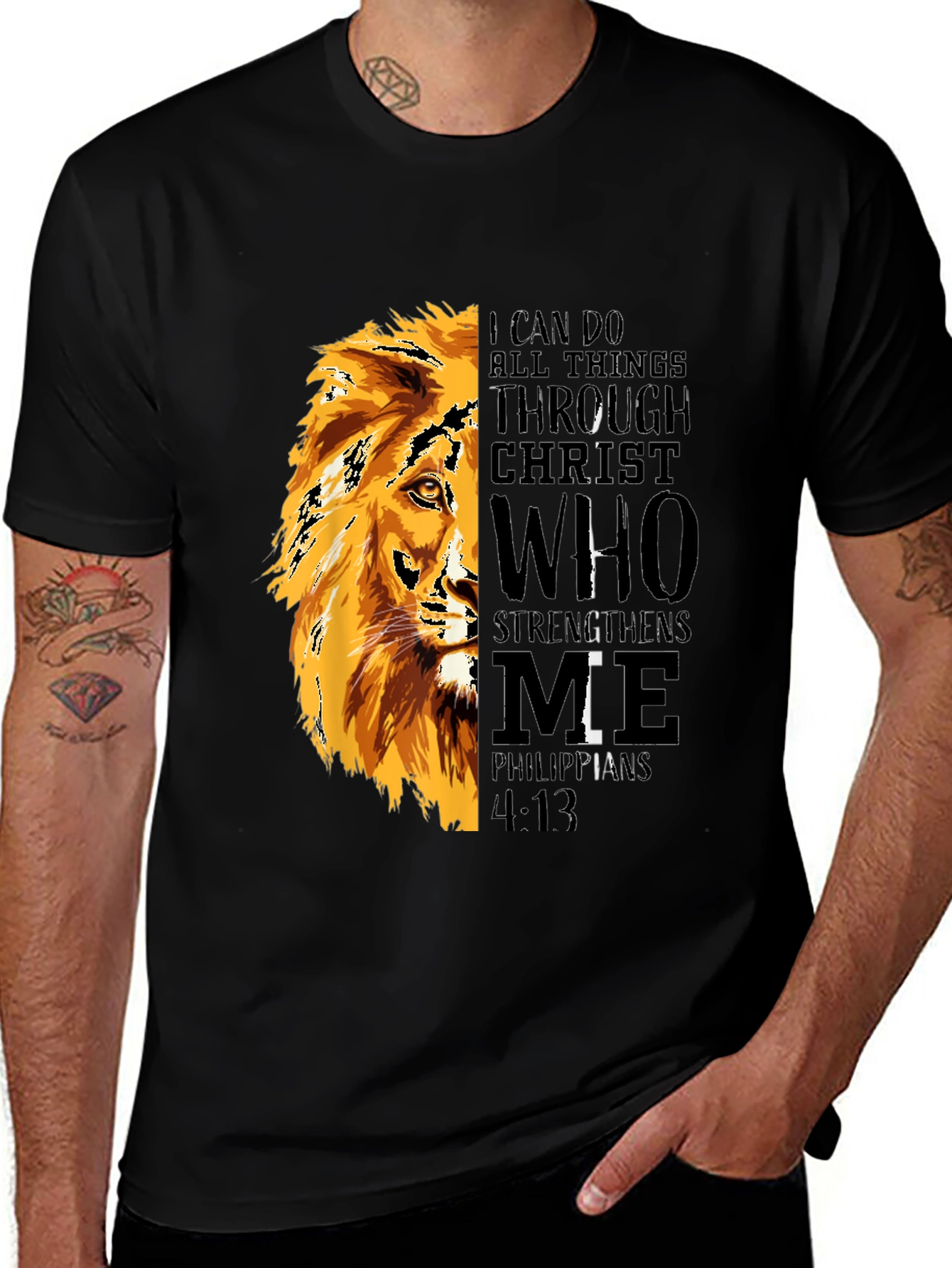 Lion Graphic Print T-Shirt - Philippians 4:13 - Black