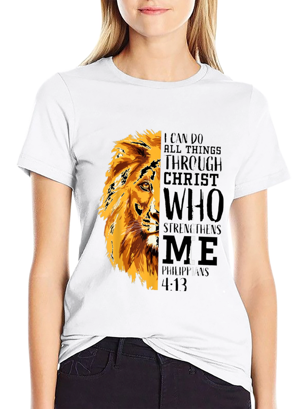 Lion Graphic Print T-Shirt - Philippians 4:13 - Black