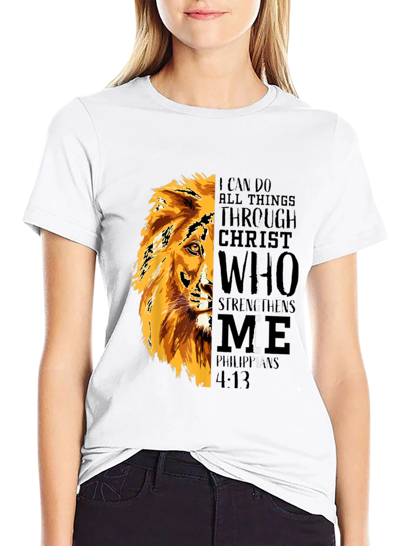 Lion Graphic Print T-Shirt - Philippians 4:13 - Black