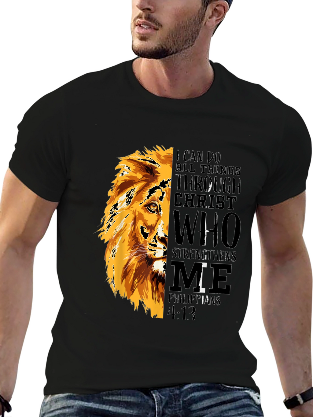 Lion Graphic Print T-Shirt - Philippians 4:13 - Black