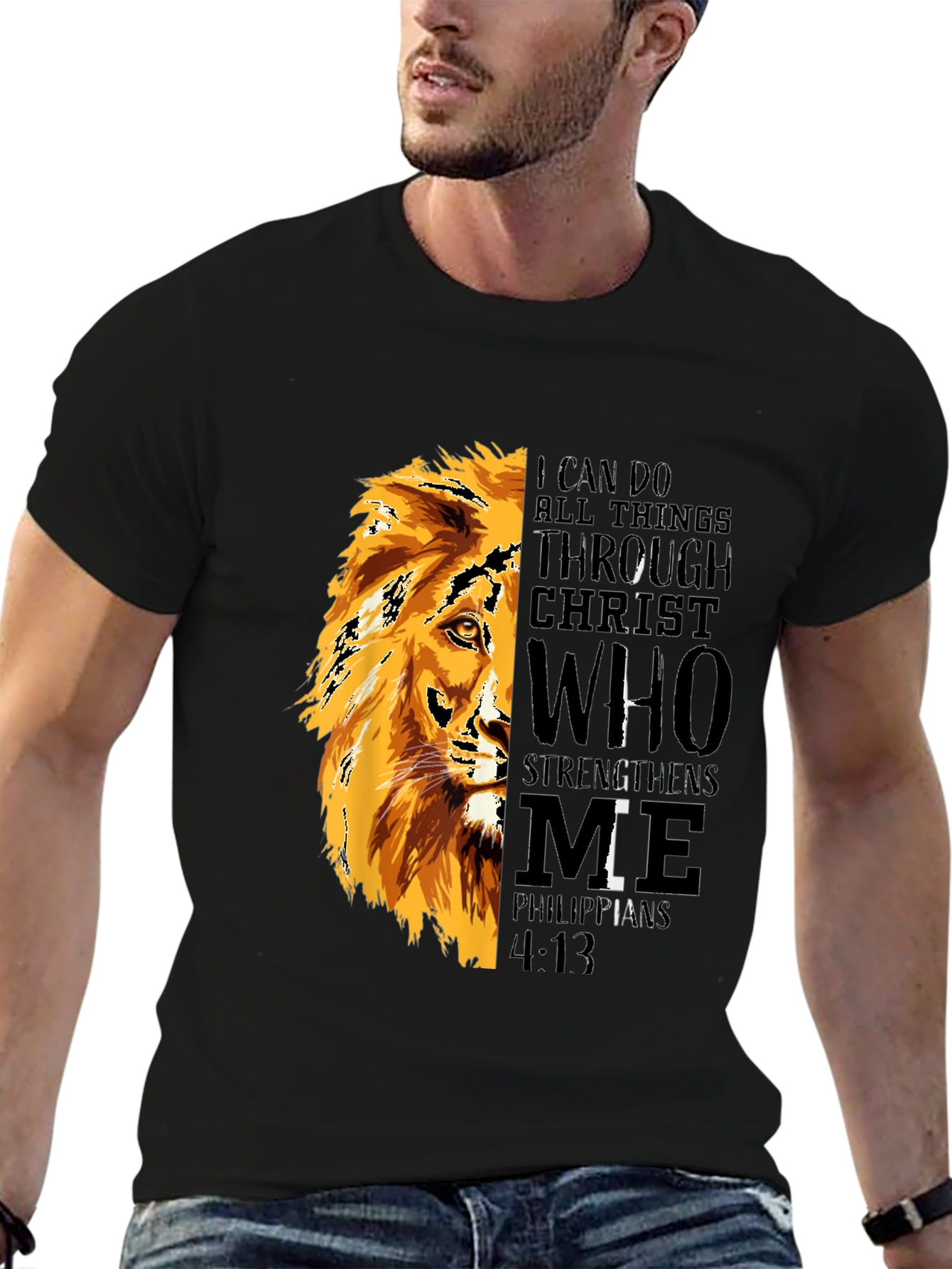 Lion Graphic Print T-Shirt - Philippians 4:13 - Black