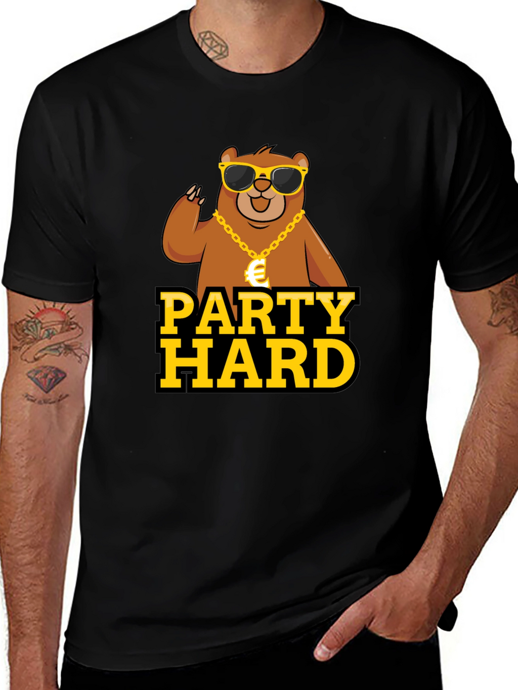 Party Hard Bear Graphic Tee - Black Cotton T-Shirt