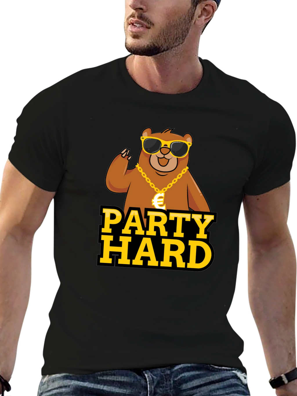 Party Hard Bear Graphic Tee - Black Cotton T-Shirt
