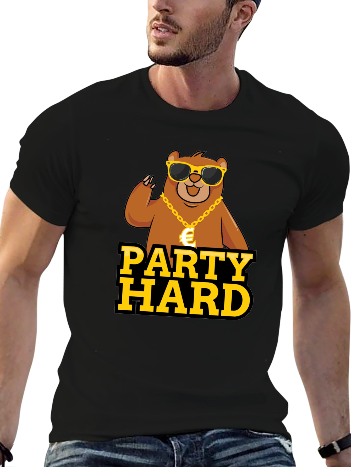 Party Hard Bear Graphic Tee - Black Cotton T-Shirt