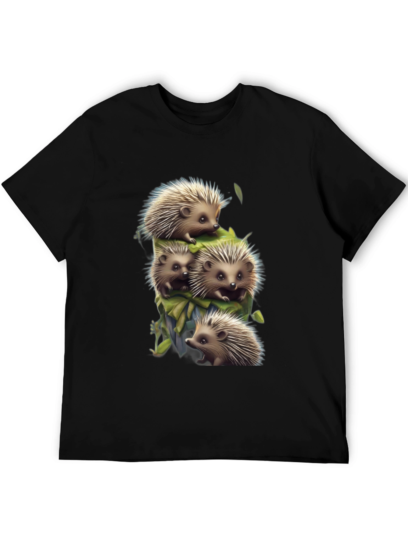 Cute Hedgehog Stack Graphic Tee - Black