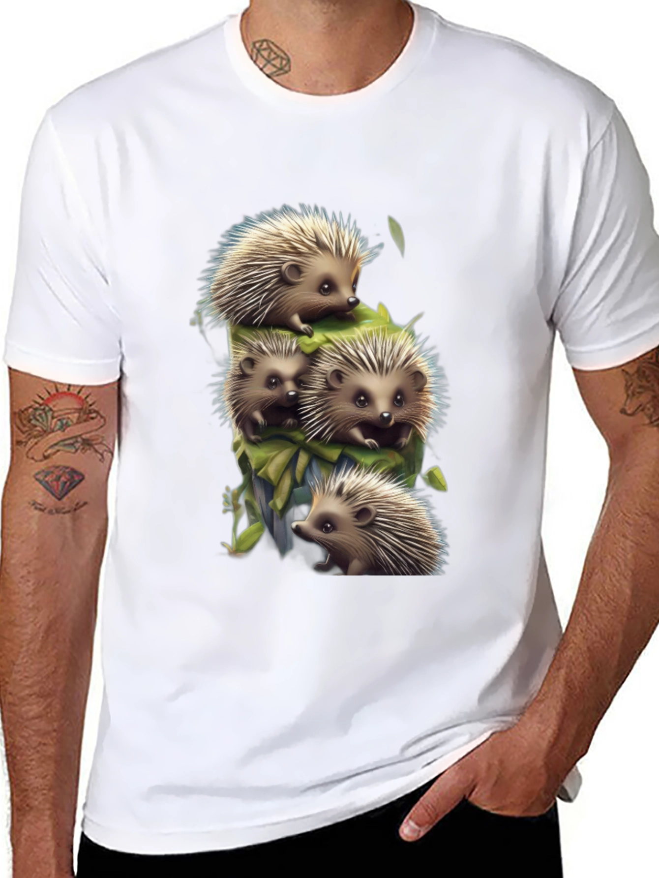 Cute Hedgehog Stack Graphic Tee - Black