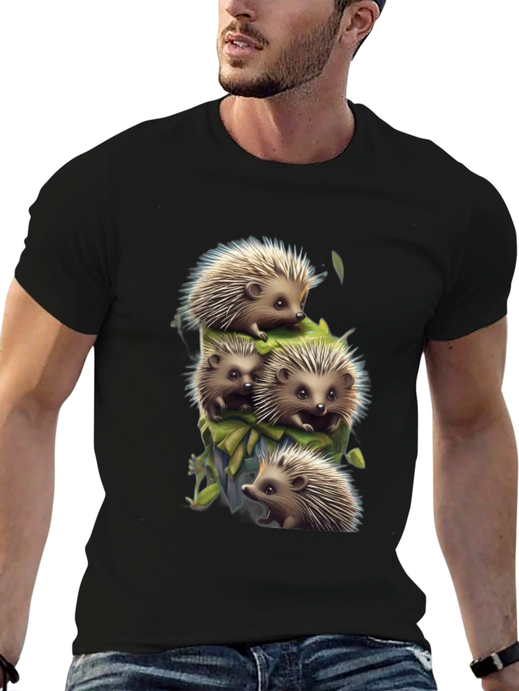 Cute Hedgehog Stack Graphic Tee - Black