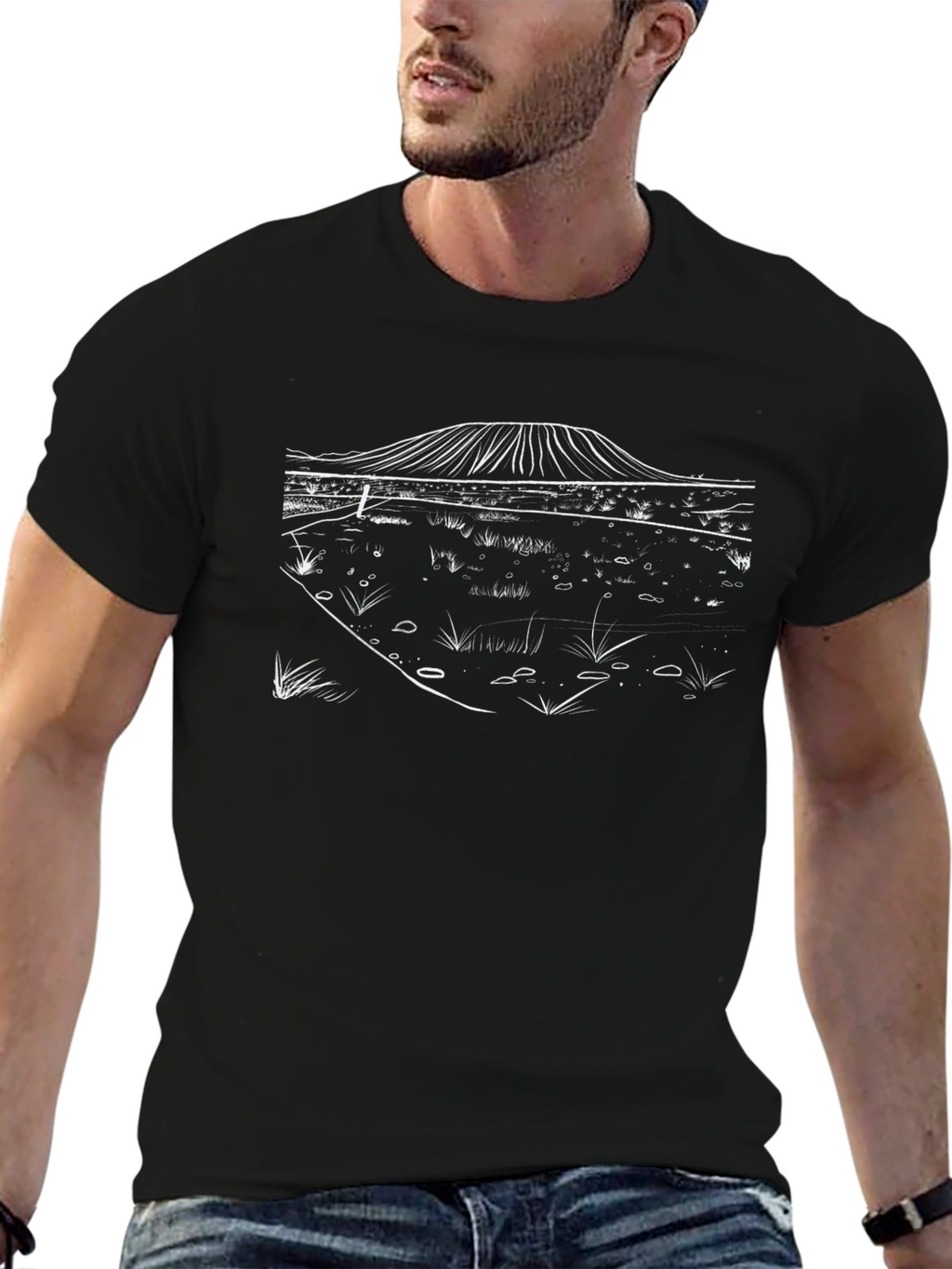 Black T-Shirt with Minimalist Landscape Design