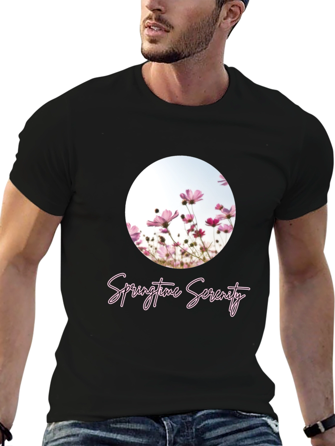 Springtime Serenity T-Shirt - Black Floral Design