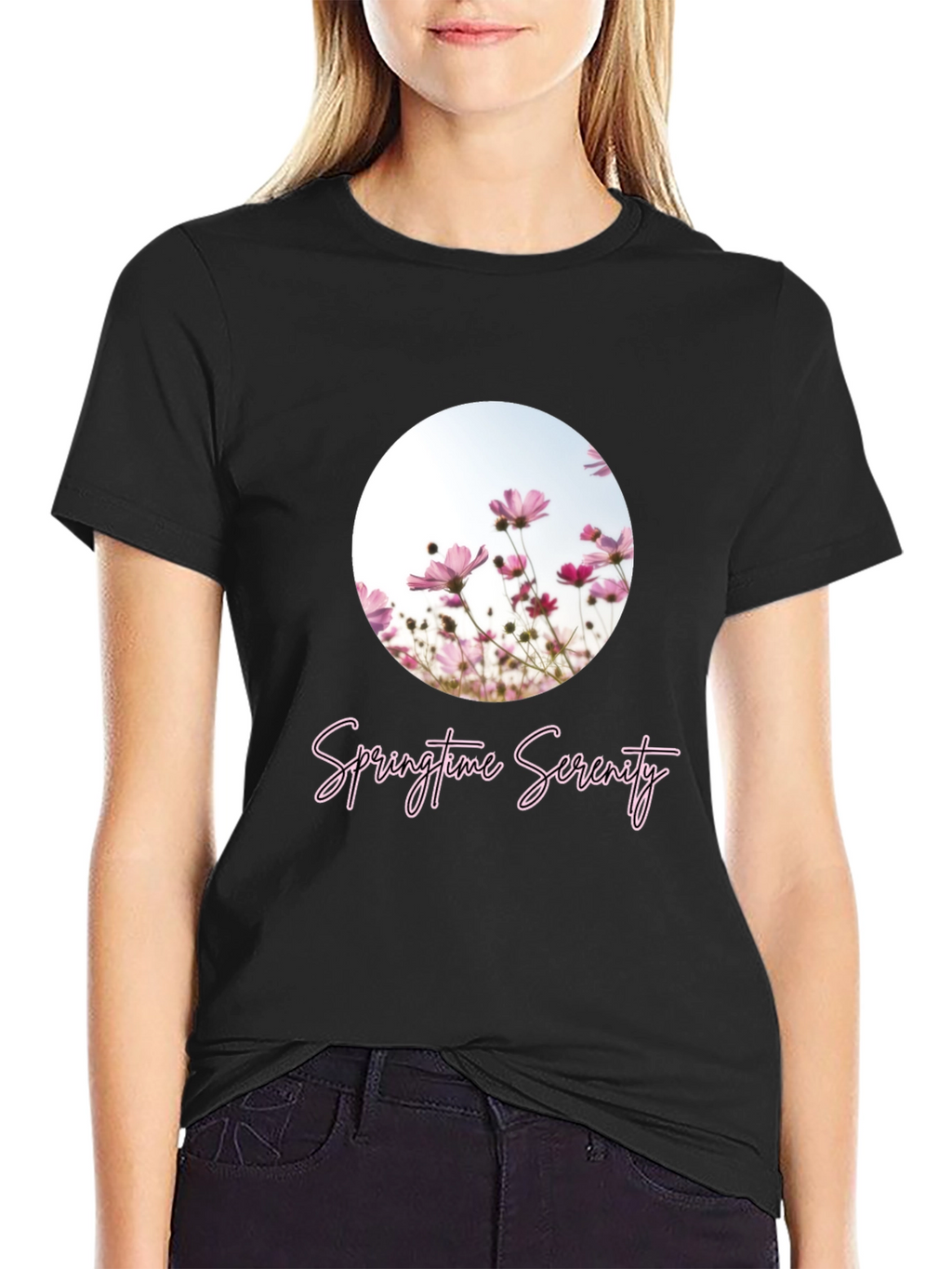 Springtime Serenity T-Shirt - Black Floral Design