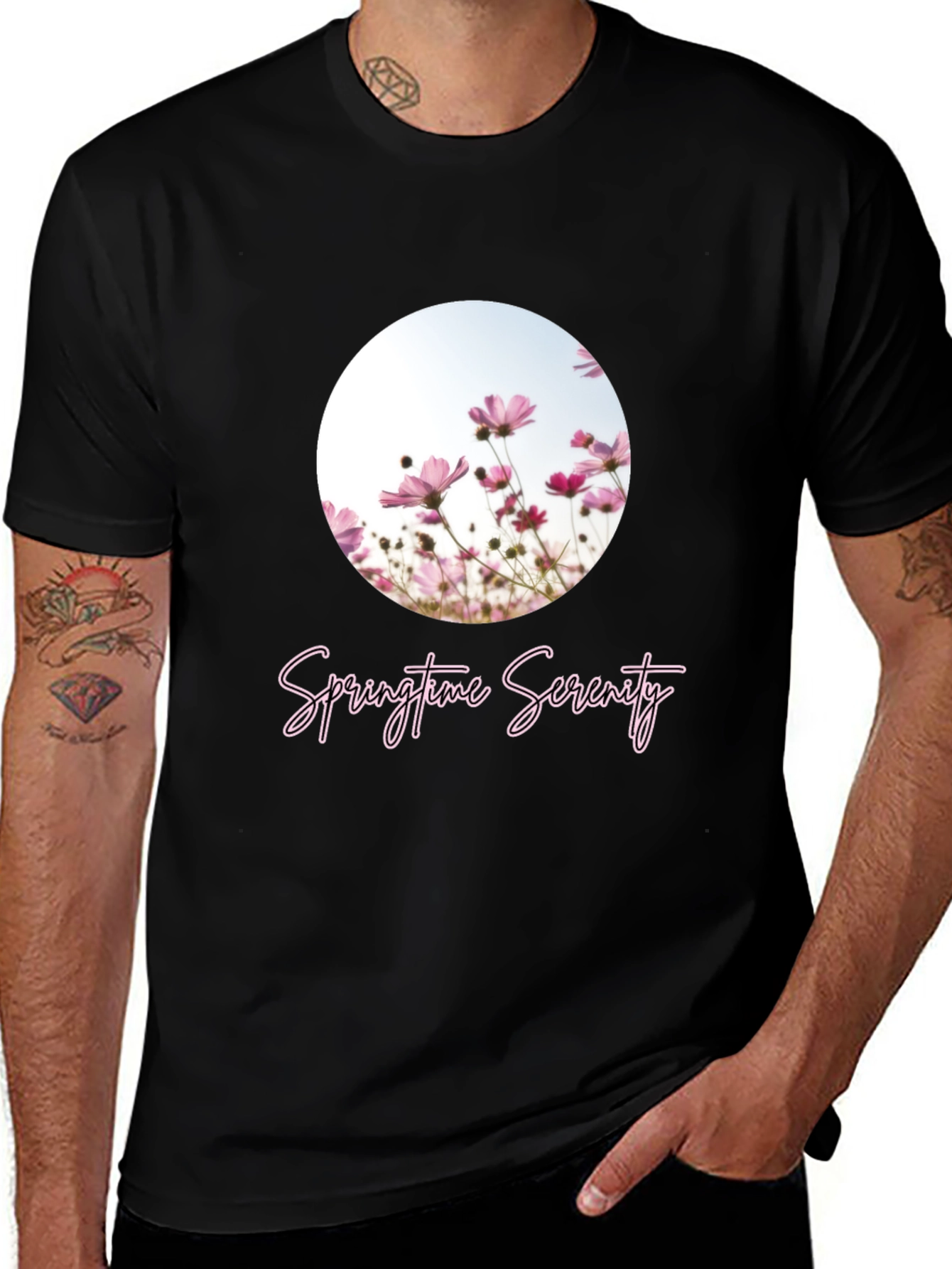 Springtime Serenity T-Shirt - Black Floral Design