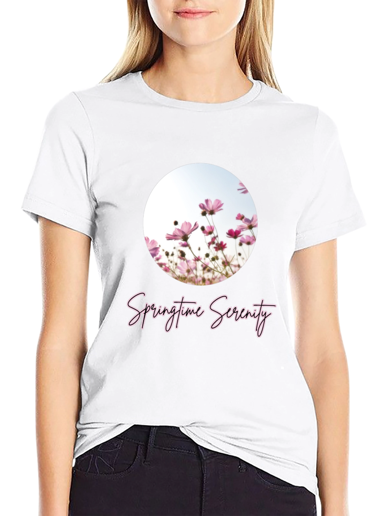 Springtime Serenity T-Shirt - Black Floral Design