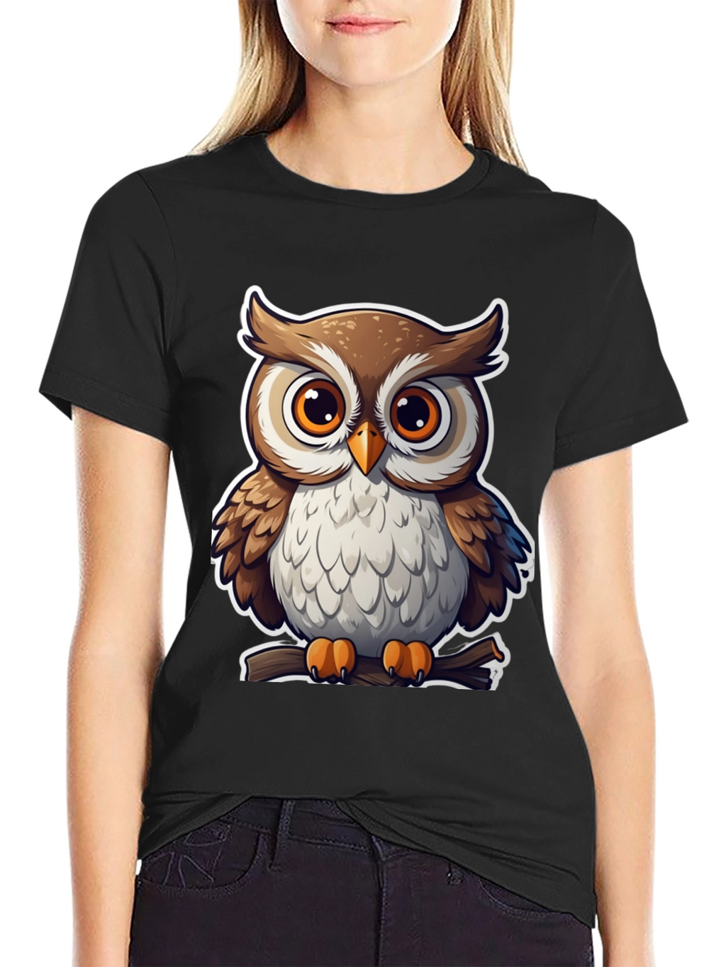 Cute Owl Graphic Tee - Black Cotton Blend