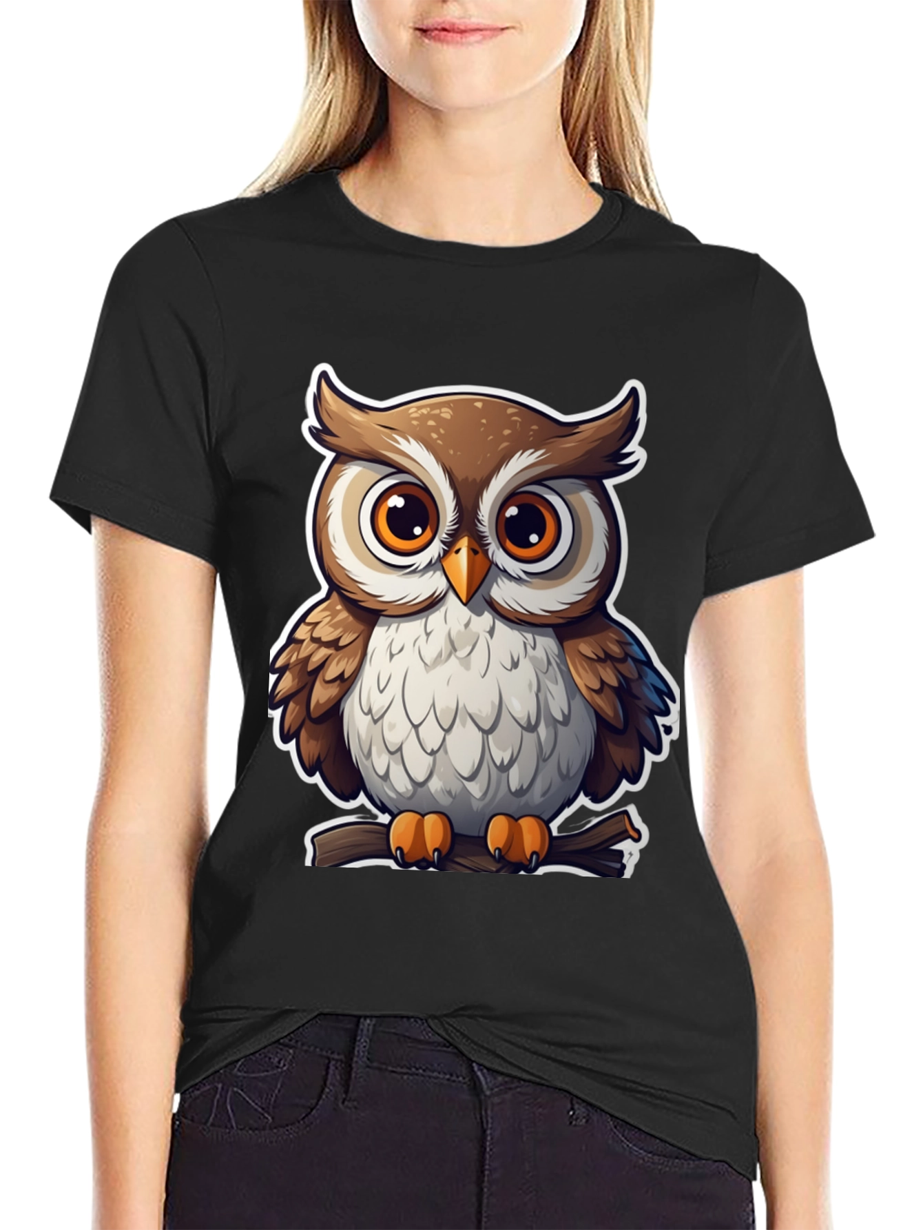 Cute Owl Graphic Tee - Black Cotton Blend