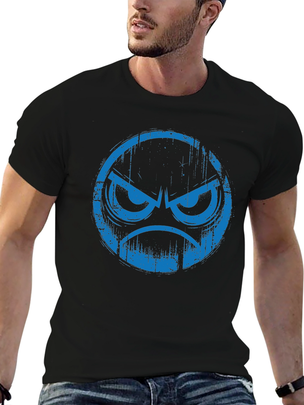 Angry Blue Emoji Graphic Black T-Shirt