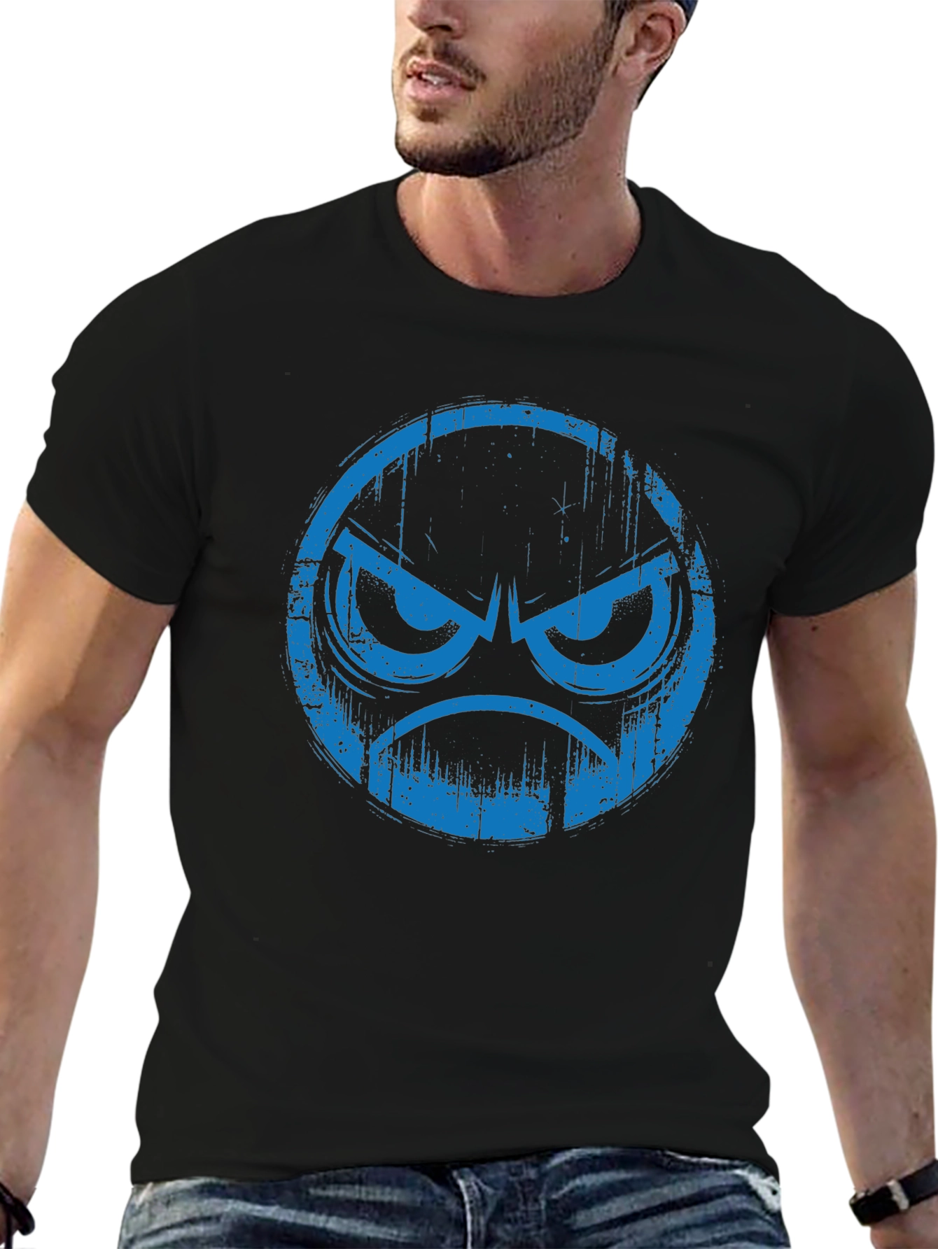Angry Blue Emoji Graphic Black T-Shirt