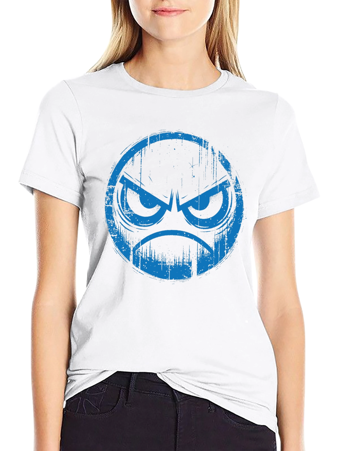 Angry Blue Emoji Graphic Black T-Shirt