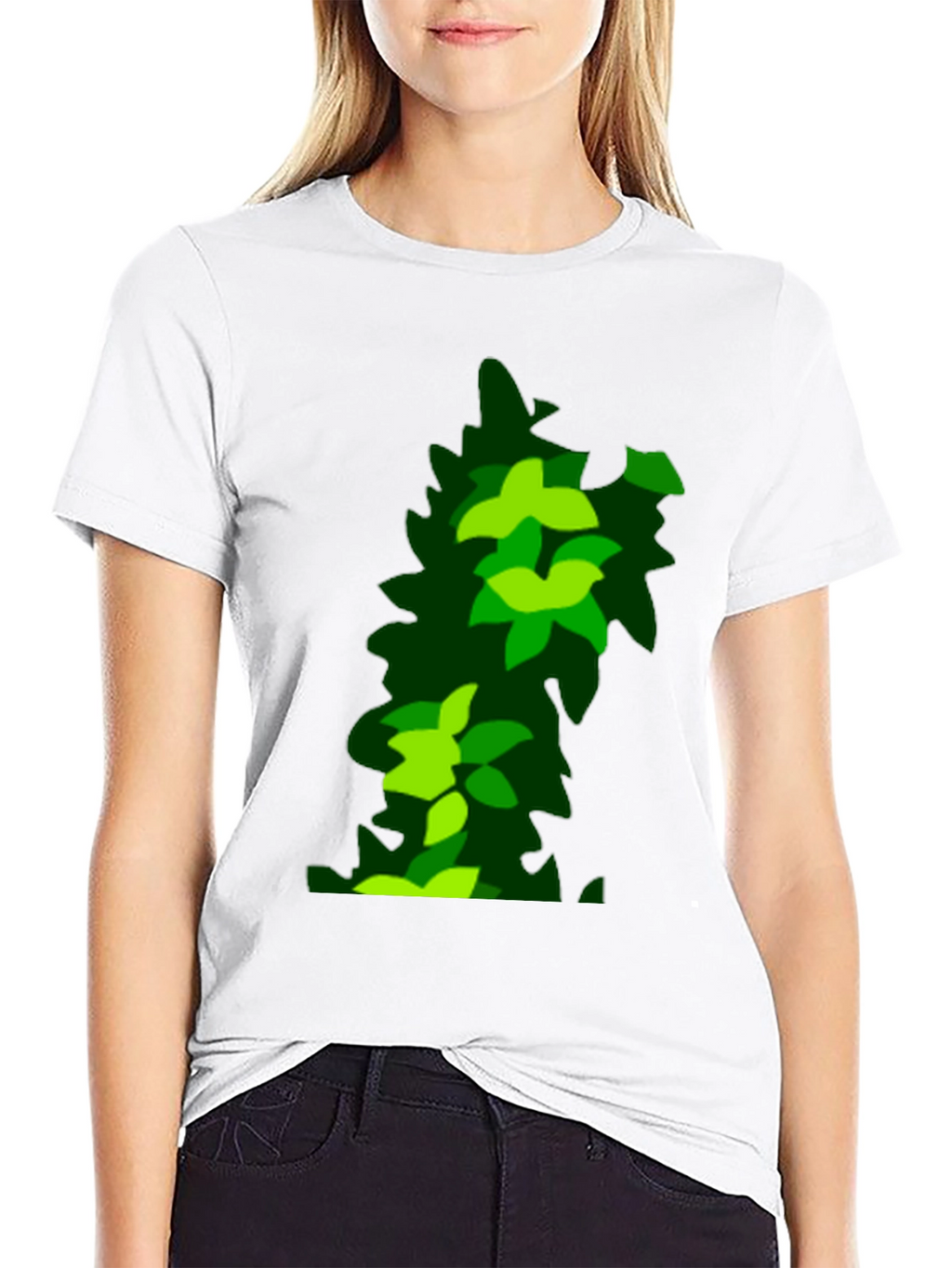 Green Leaf Pattern Black T-Shirt