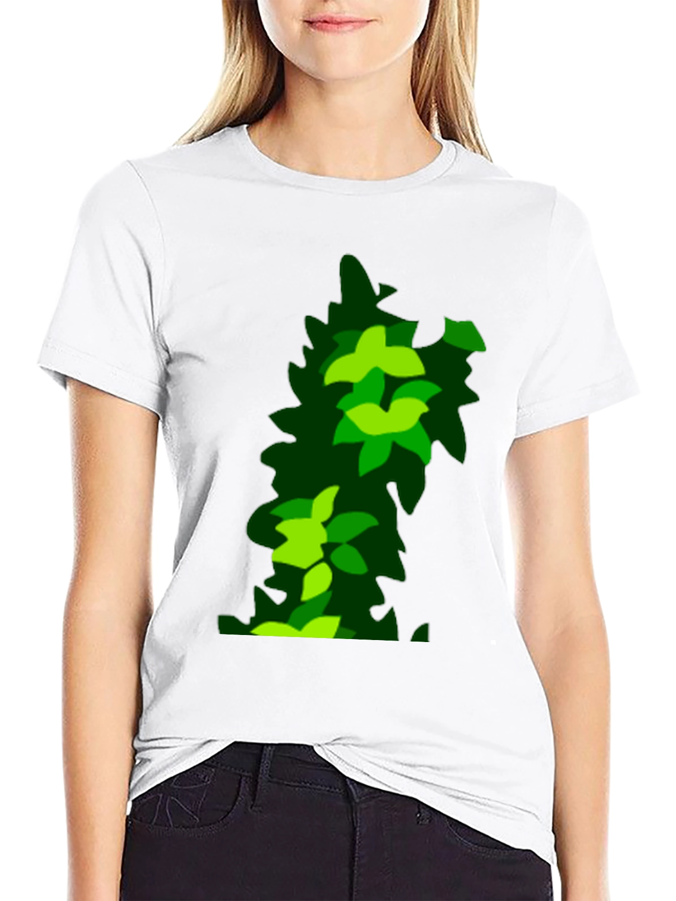 Green Leaf Pattern Black T-Shirt