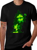 Green Leaf Pattern Black T-Shirt