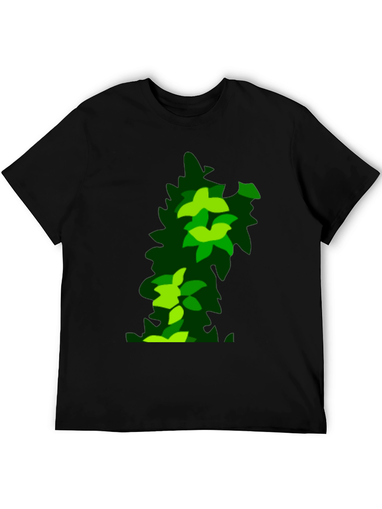 Green Leaf Pattern Black T-Shirt