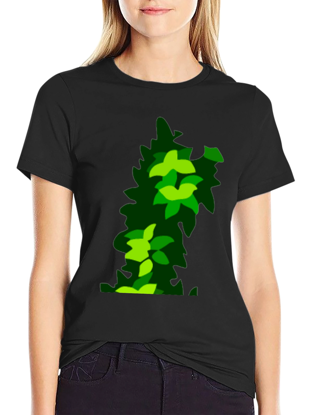 Green Leaf Pattern Black T-Shirt