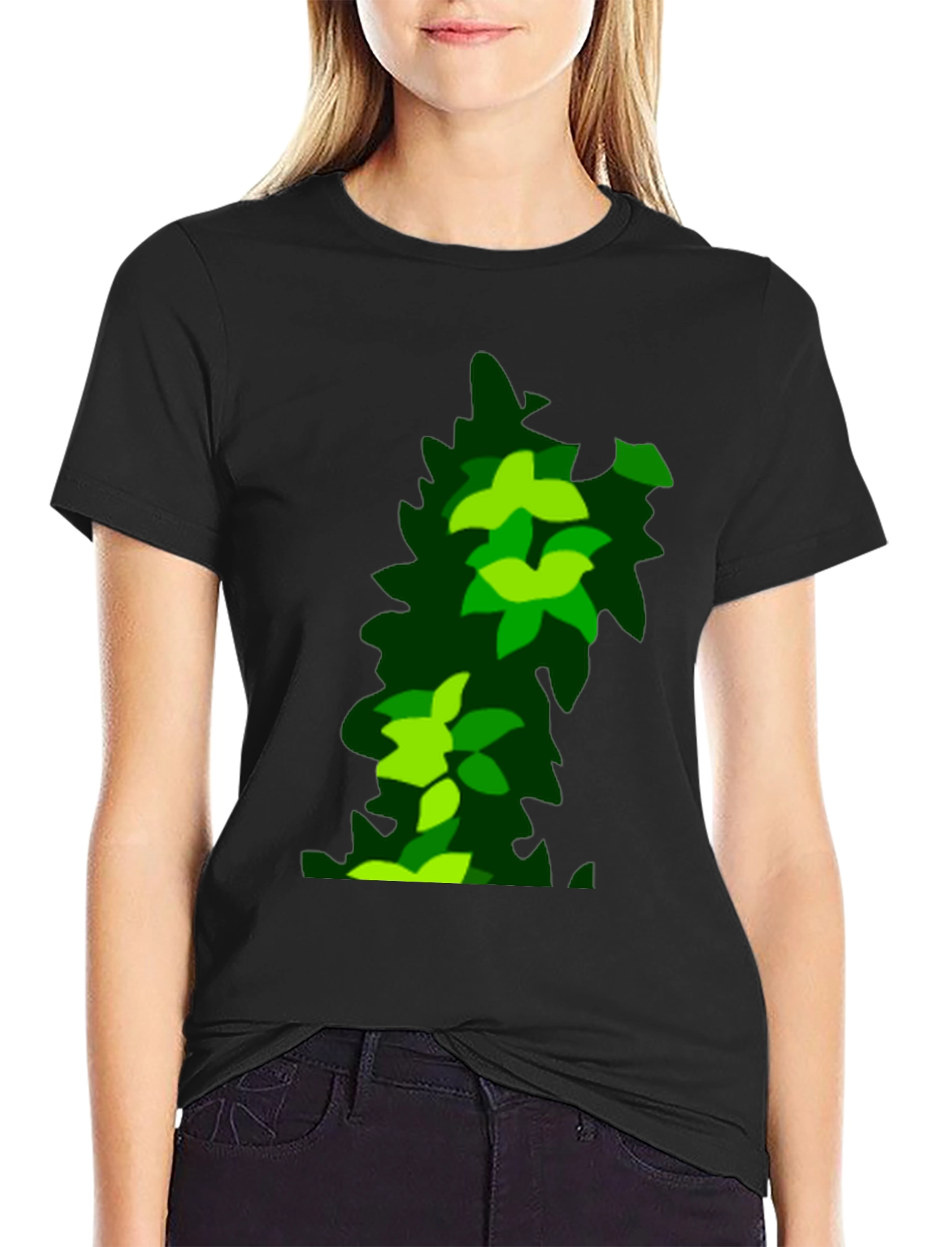 Green Leaf Pattern Black T-Shirt
