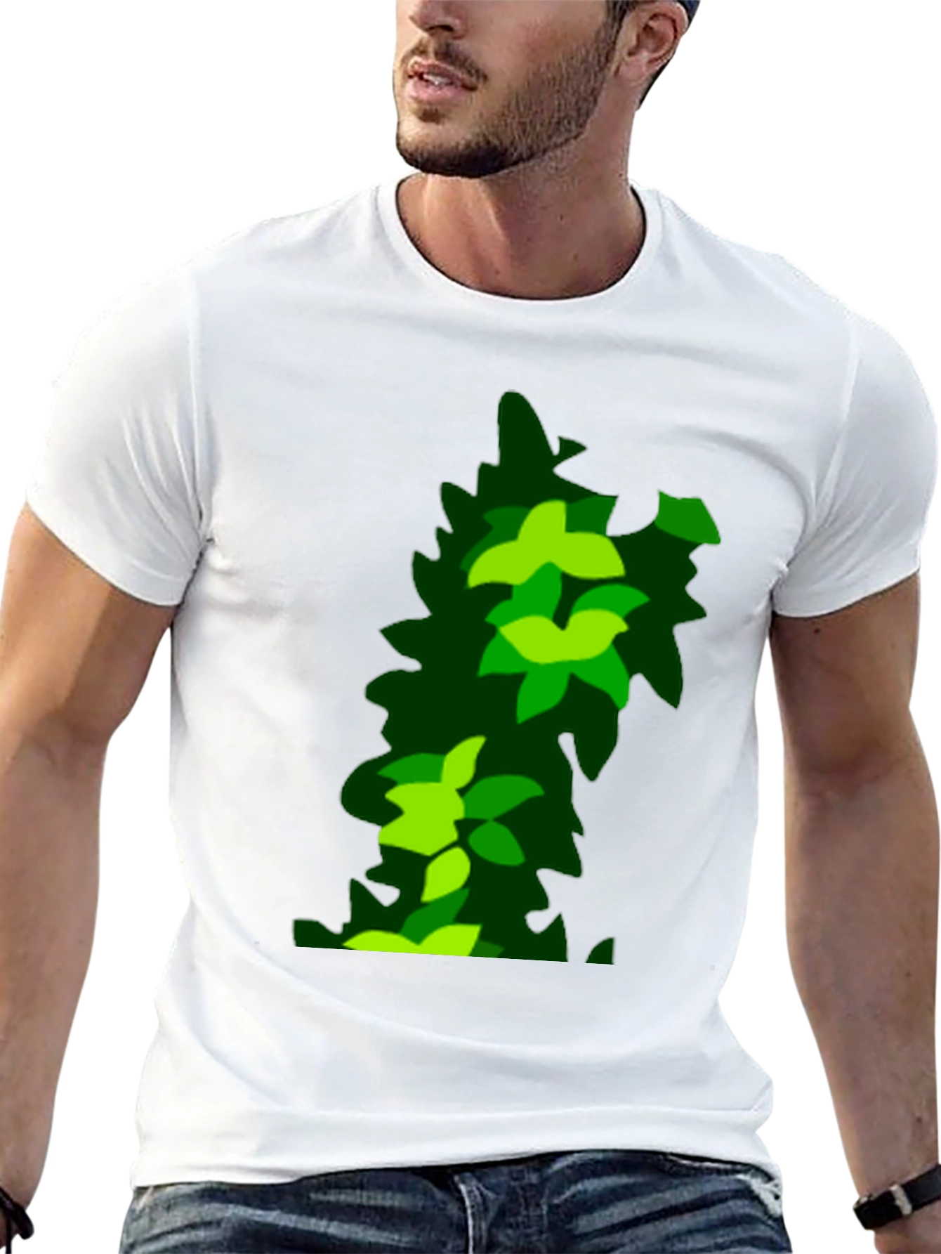 Green Leaf Pattern Black T-Shirt